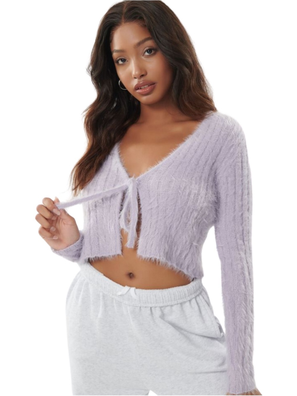 Garage Fuzzy Lavender Tie Front Crop Cardigan